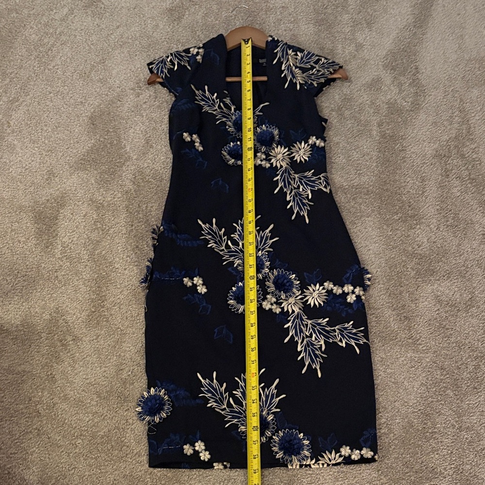 Badgley Mischka Navy Midi Dress with White & Blue Embroidered Floral Print - Picture 9 of 16
